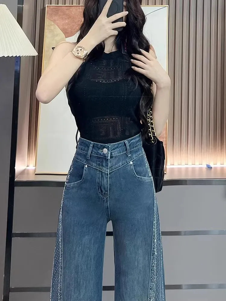 Women's High Waist Bell Bottom Jeans — Rhinestone Retro Denim
