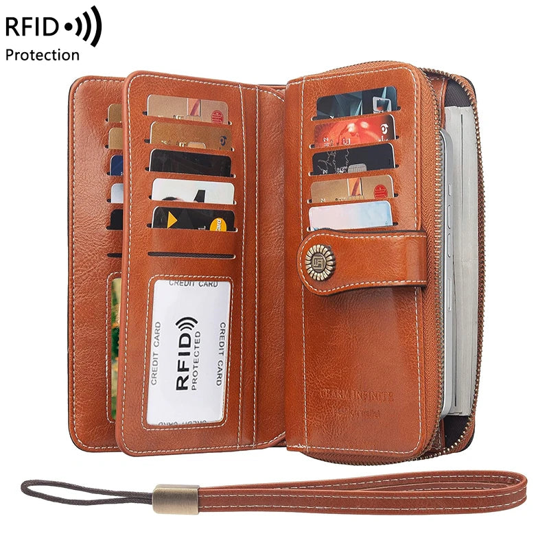 RFID anti-theft brush Retro large capacity long wallet Multi-card women's wallet Multi-function zipper wallet with wrist strap