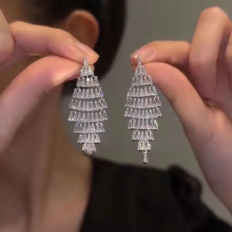 Fashion Luxury Geometric Dangle Drop Earrings for Women Wedding Party Jewelry Accessories Gorgeous Cubic Zirconia Bridal Brincos