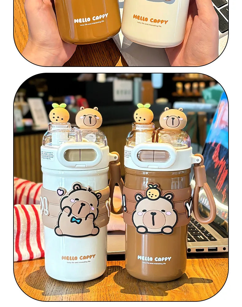 Capybara Stainless Steel Water Bottle — 520ml Vacuum Insulated with Straw