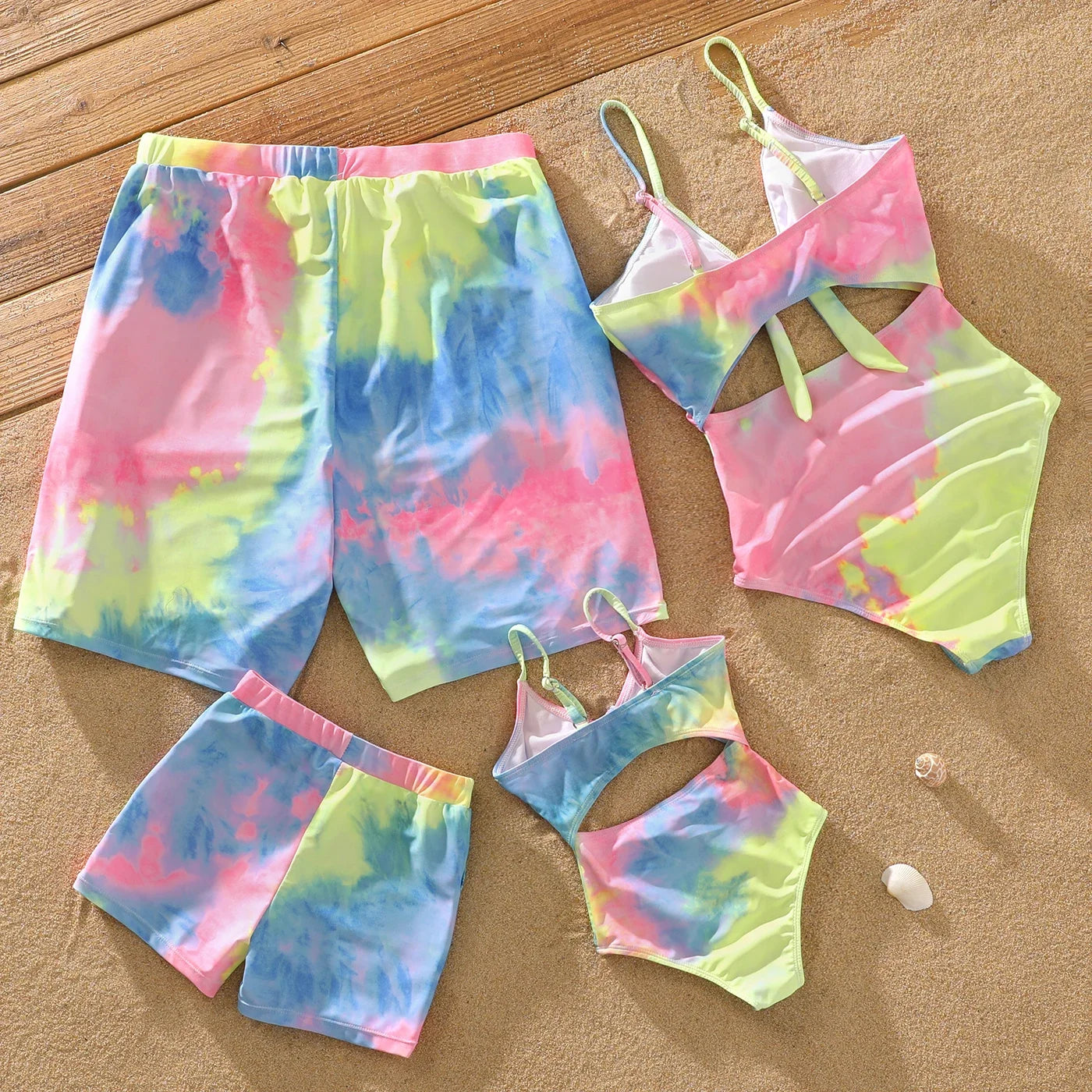 Family Matching Tie-Dye Swimsuit Set — V-Neck One-Piece & Swim Trunks