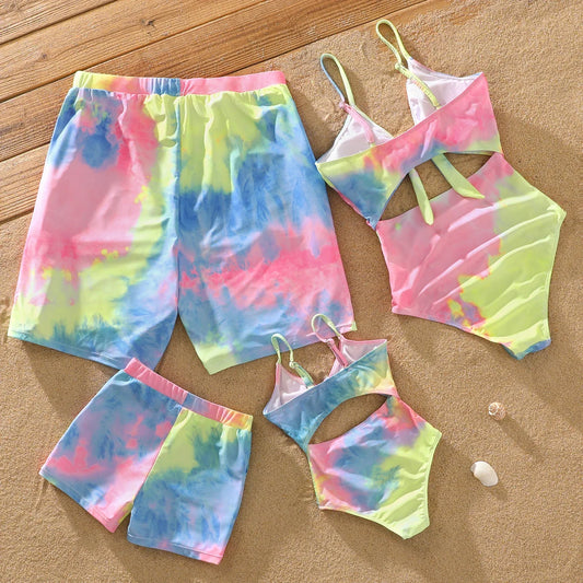 Family Matching Tie-Dye Swimsuit Set — V-Neck One-Piece & Swim Trunks