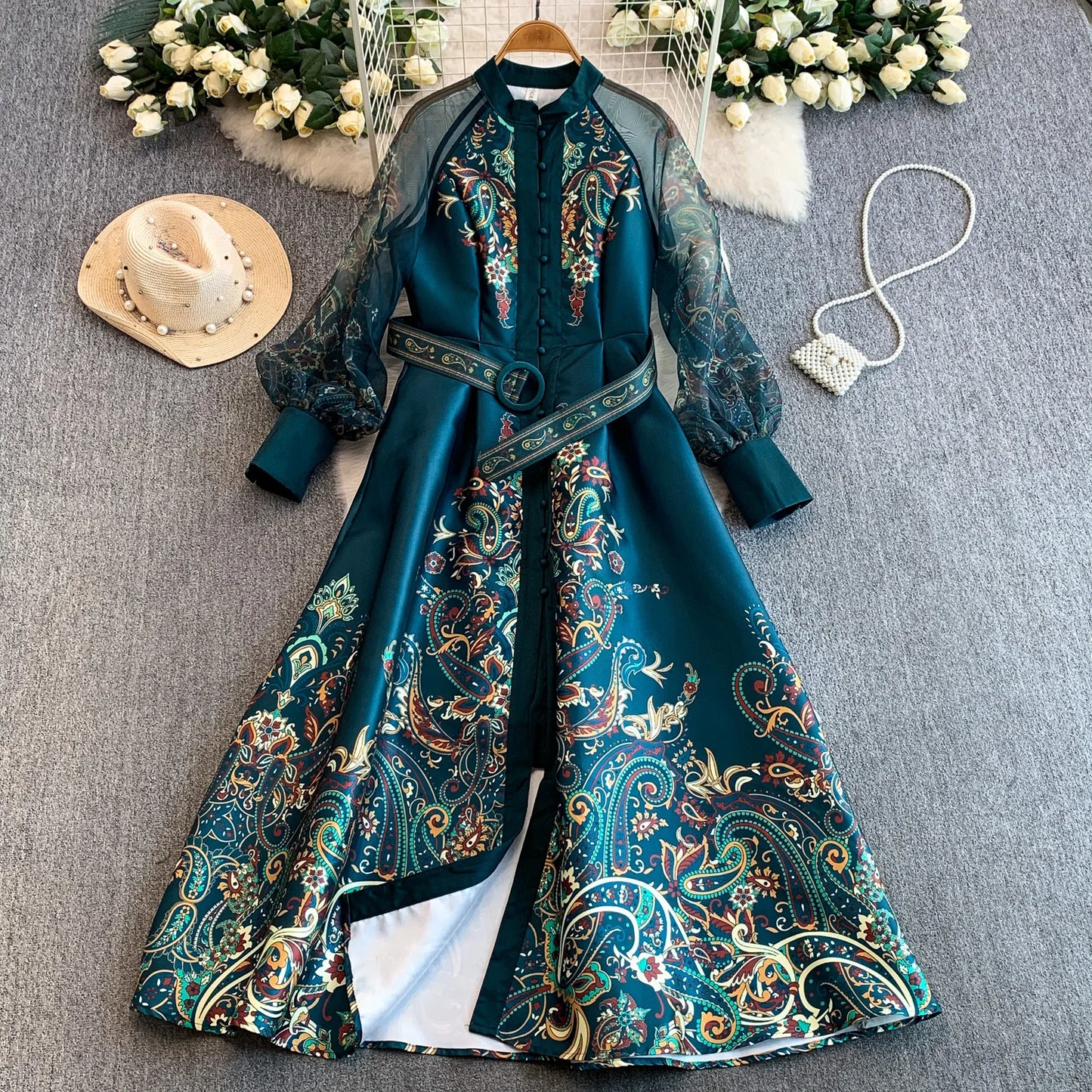 Elegant European Court Style Vintage Mesh Splice Print Lantern Sleeve Long Dress Women's Waist Cinching Slimming Maxi Gown