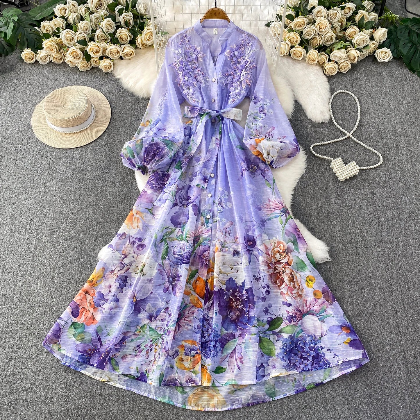 Elegant French Style round Neck Long Sleeve Dress Women's Spring Autumn Heavy Work Floral Embroidery A-Line Skirt Dress