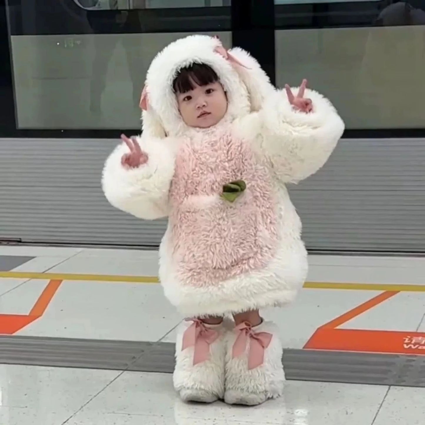 Cartoon Children Plush Rabbit Cosplay Costume Kawaii Kids Winter Warm Sets Top Pants Hat Suit Girl Halloween Party Outfits Gift
