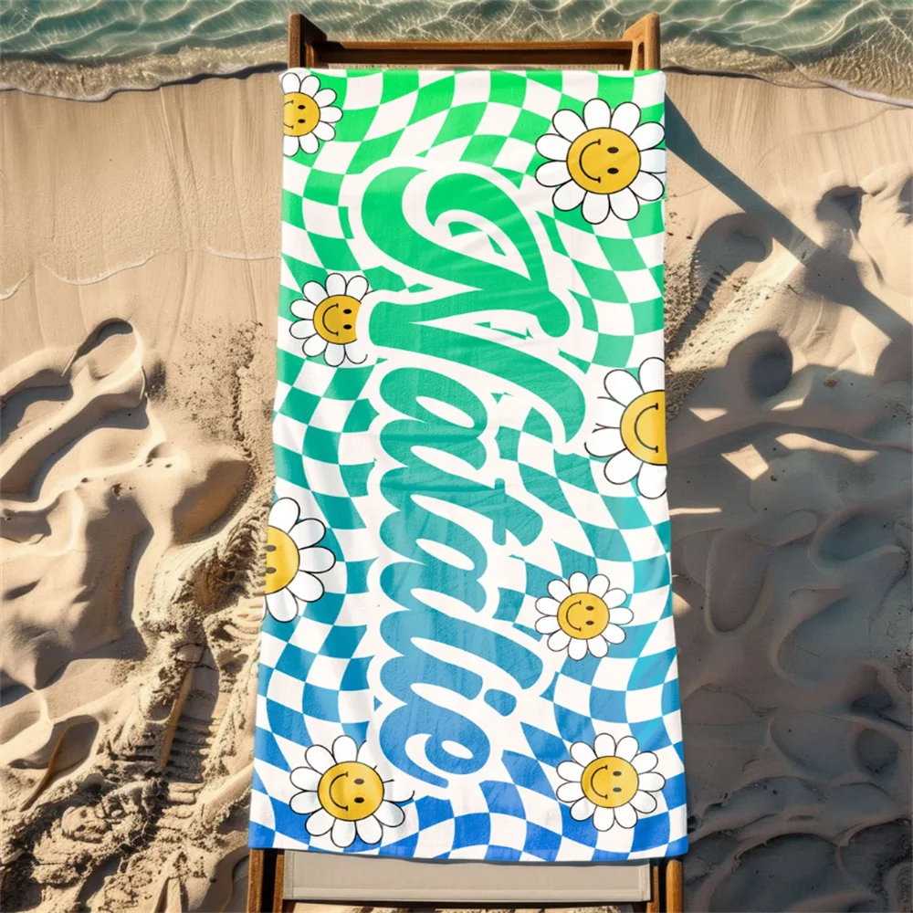 Personalized Daisy Grid Name Beach Towel | Custom Monogram Pool Towel