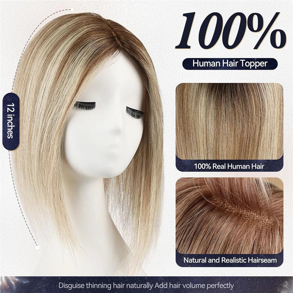 Ombre Blonde Highlight Natural Human Hair Toppers for Women 4.5*5 inch Lace Base Hair Topper Silk Straight Remy Hairpiece