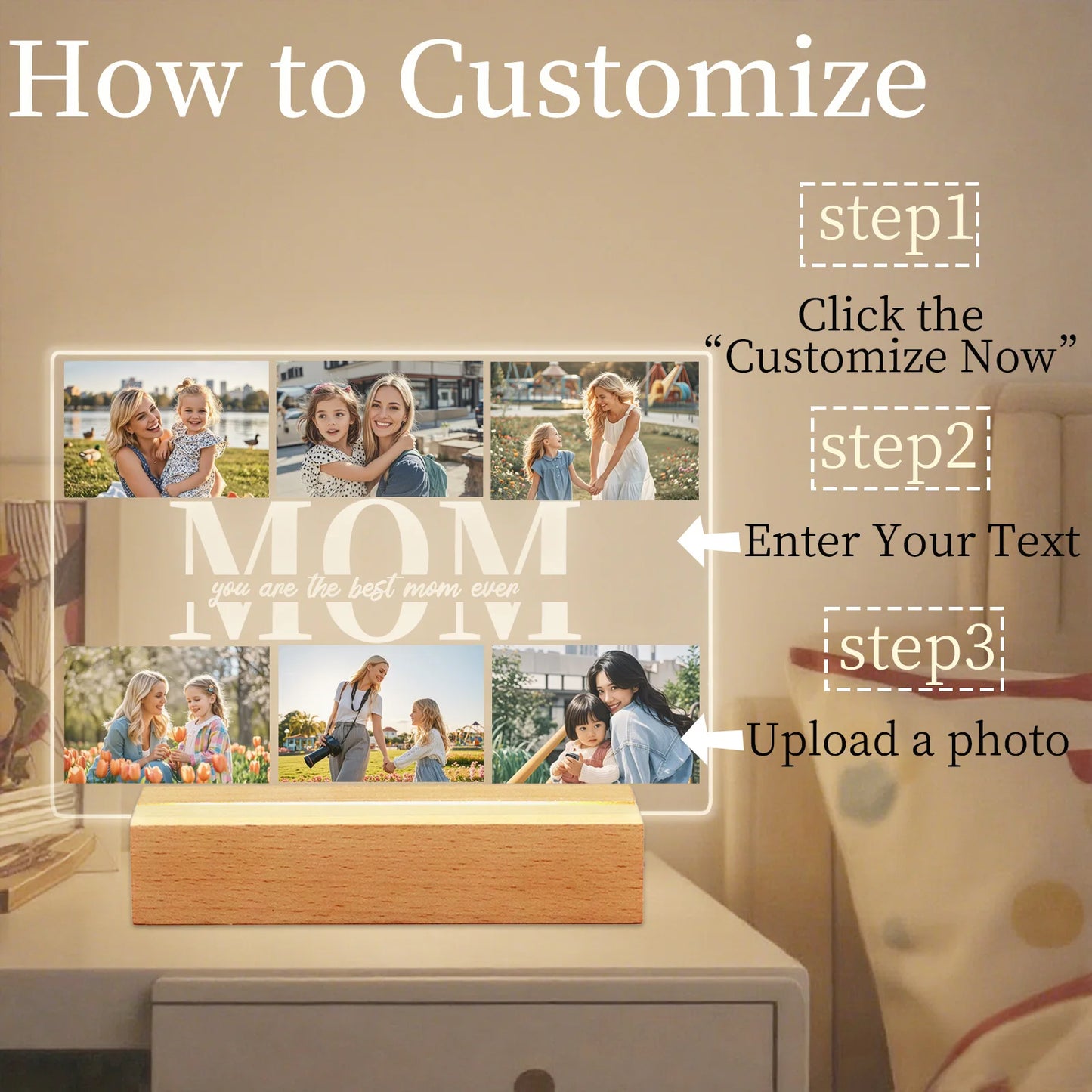 Personalized Photo Acrylic Plaque Custom Mothers Day Night Light for Mom Birthday Present Home Decor Family Keepsake Unique Gift
