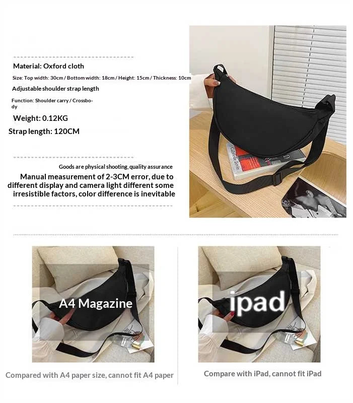 Homefish New Simple and Casual Solid Color Nylon Large Capacity Women's Dumpling Bag Shoulder Bag for Travel and Commuting