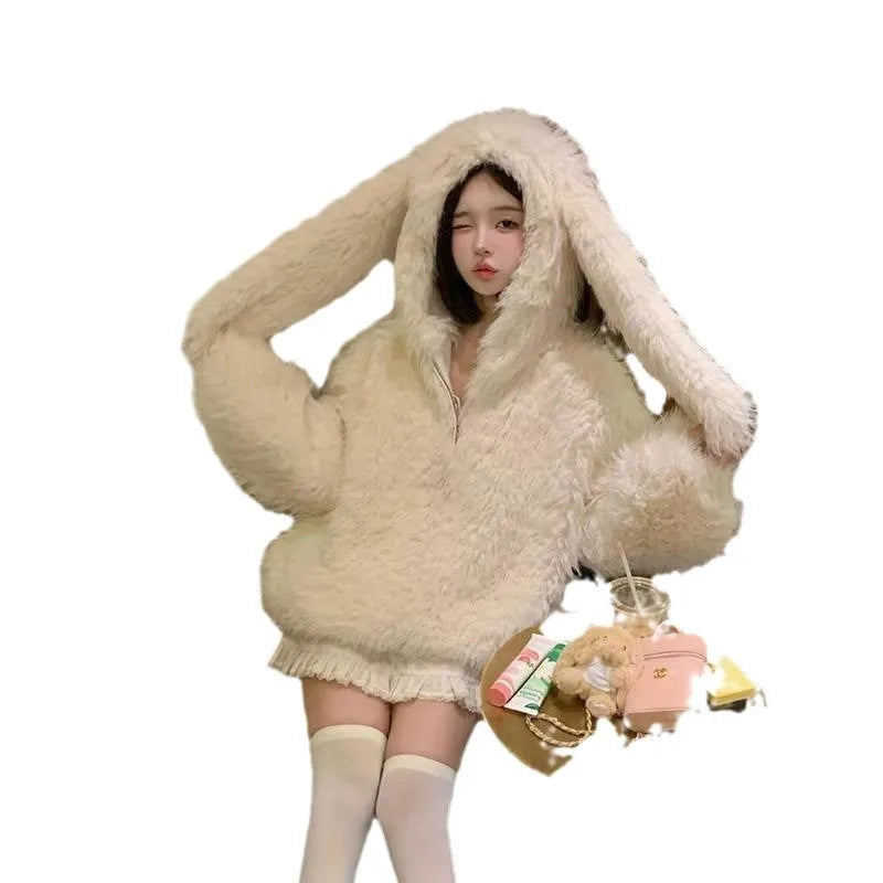Cute Rabbit Ear Plush Jacket — Women's Sweet Loose Hoodie Outerwear