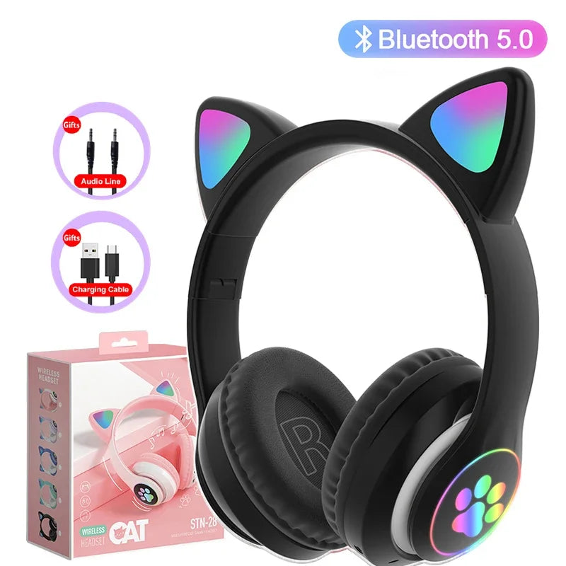 Cat Ears Bluetooth Headphones for Kids – Wireless LED Flash, Mic & TF Card Support