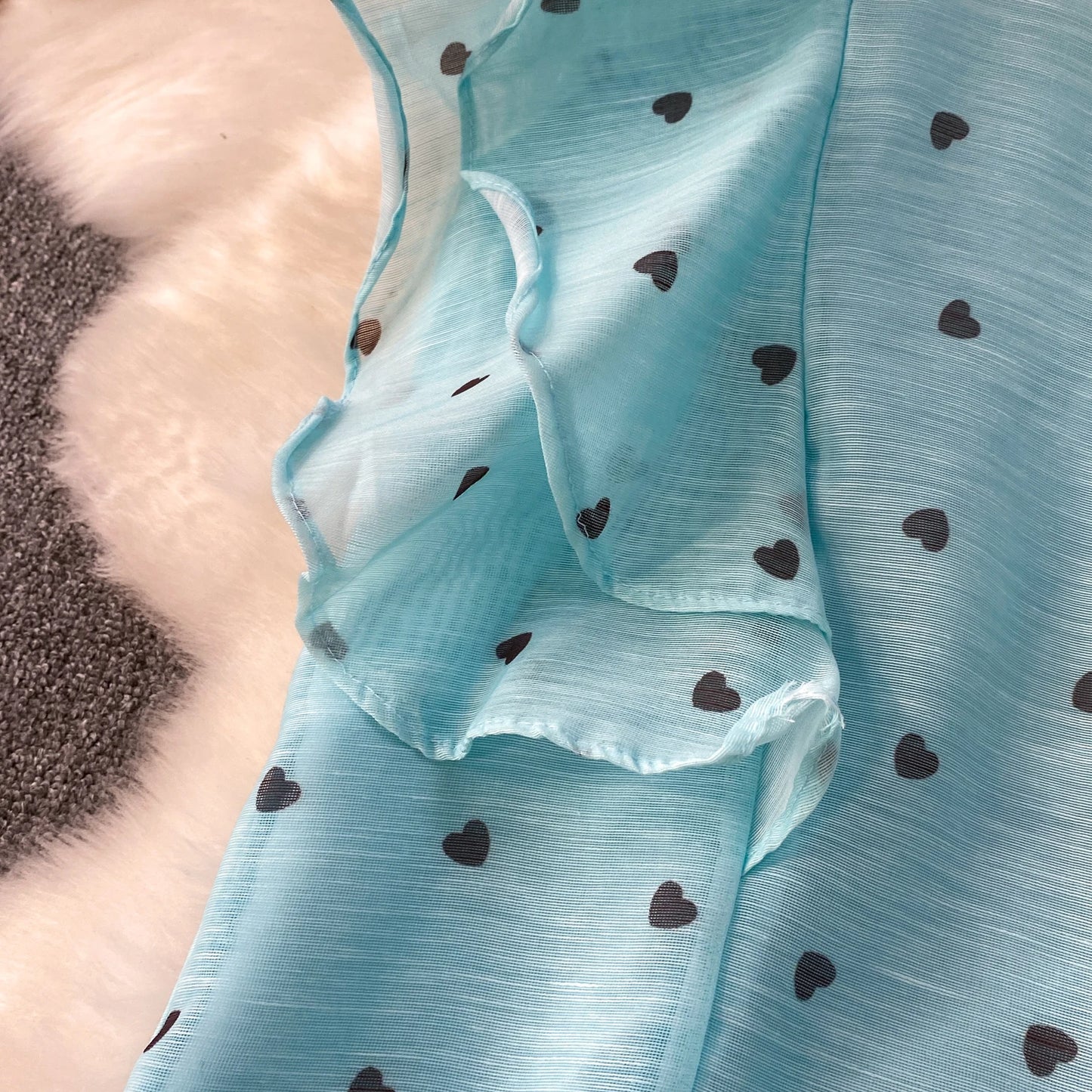 Women's French Style Sweet Chiffon Two-Piece Set — Heart Print Shirt & Flared Skirt