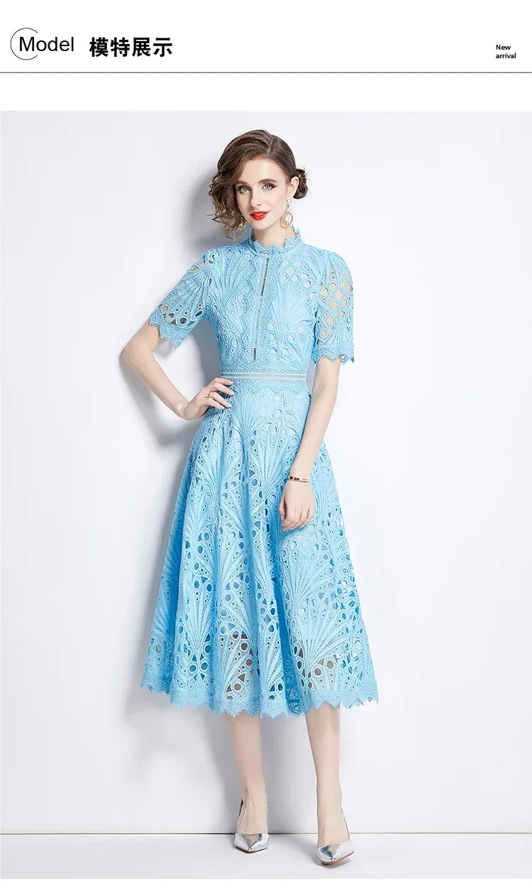Women's Vintage High-End Lace Hollow-Out Long Dress — Slim Elegant Summer Gown