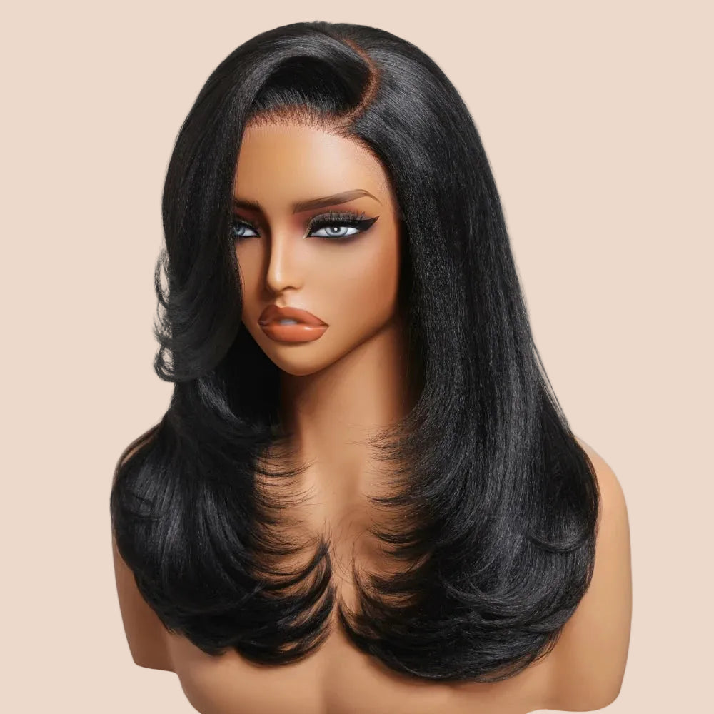 Side Part Layered Cut Light Yaki Straight 7x5 Lace Glueless Human Hair Wig Short Bob Wigs