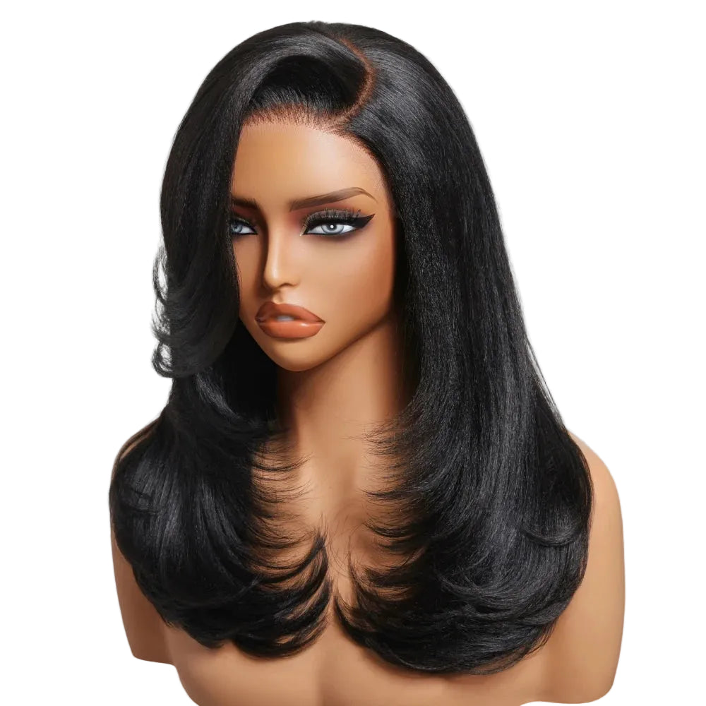 7x5 Lace Drawstring Cap Yaki Straight Wig With Side Bangs Pre Cut Pre Bleached Glueless Wig Human Hair 150% Density