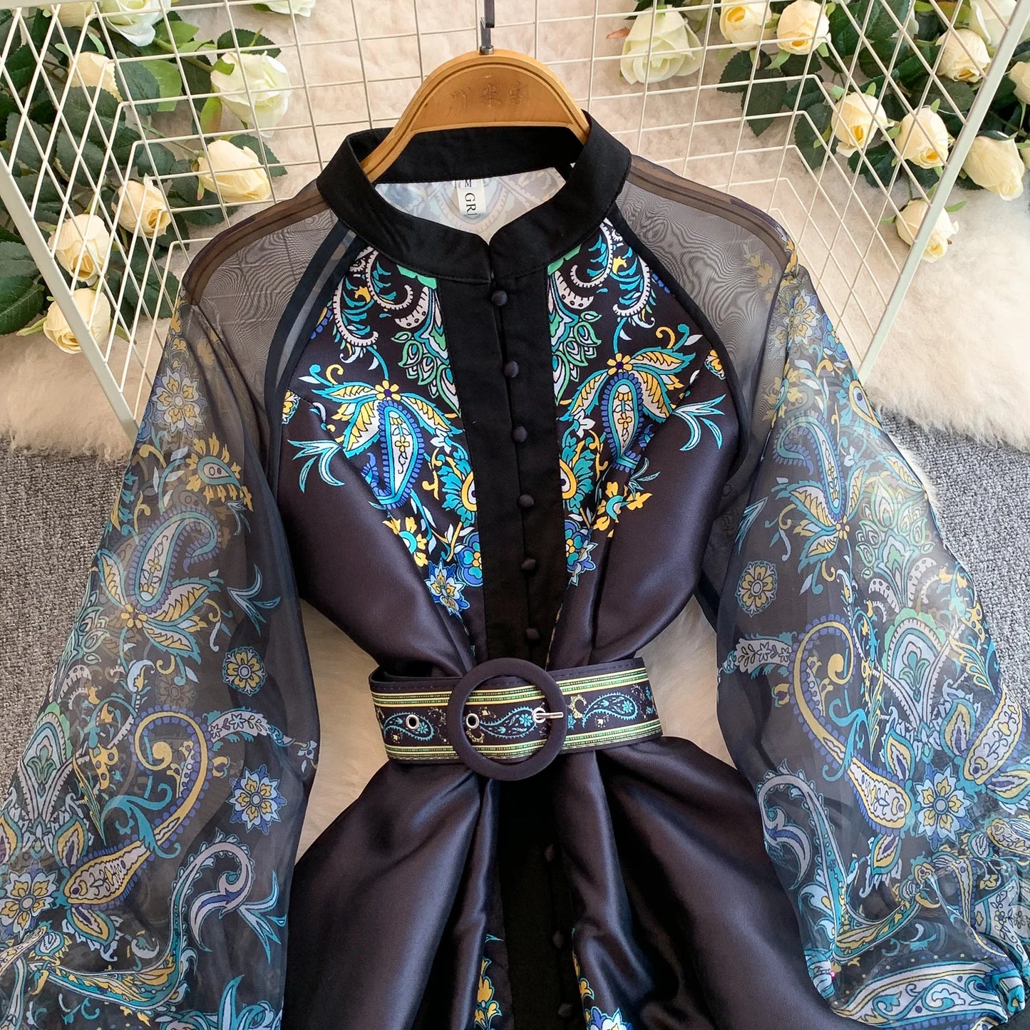 Elegant European Court Style Vintage Mesh Splice Print Lantern Sleeve Long Dress Women's Waist Cinching Slimming Maxi Gown