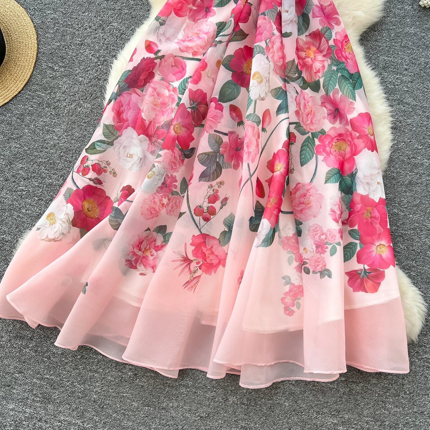 Women's French Elegant Sleeveless V-Neck Printed Dress — Ruffled A-Line Beach Boho