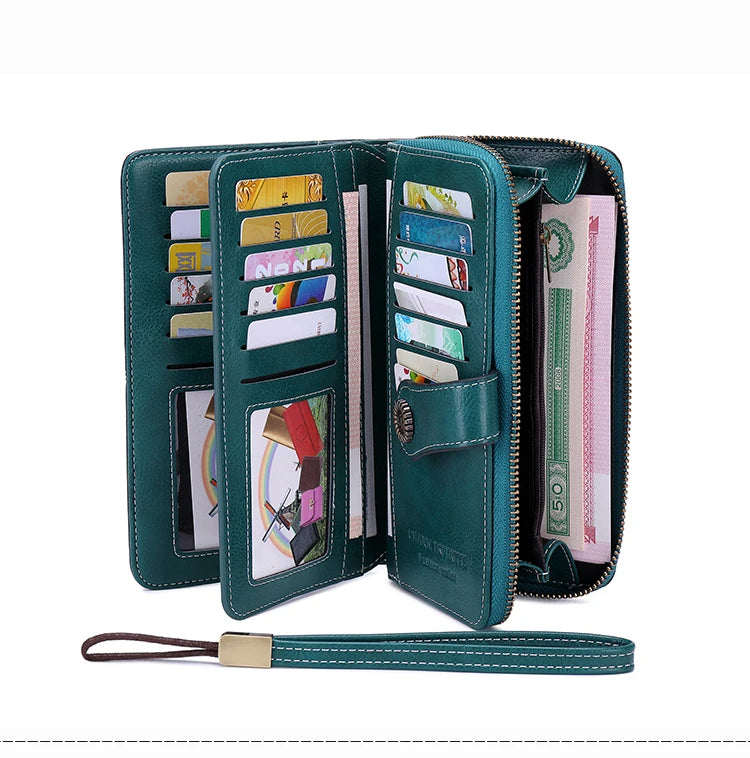 RFID anti-theft brush Retro large capacity long wallet Multi-card women's wallet Multi-function zipper wallet with wrist strap
