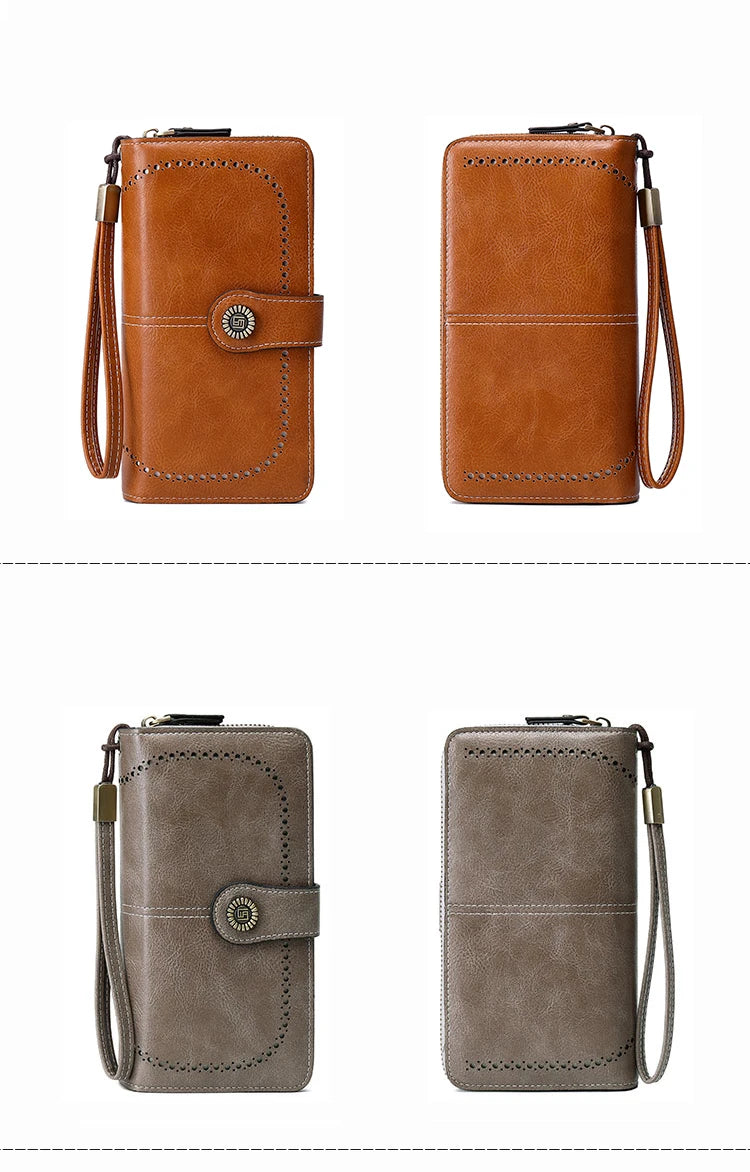 RFID anti-theft brush Retro large capacity long wallet Multi-card women's wallet Multi-function zipper wallet with wrist strap