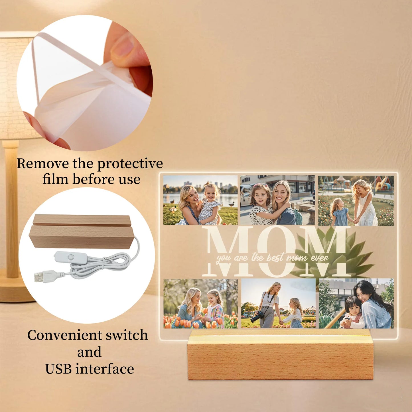 Personalized Photo Acrylic Plaque Custom Mothers Day Night Light for Mom Birthday Present Home Decor Family Keepsake Unique Gift