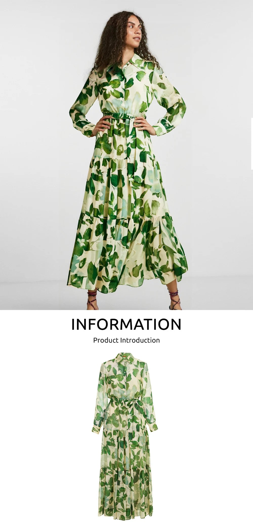 CHCH Women's Dress 2025 Spring New Long Sleeve Collar Green Flower Vacation
