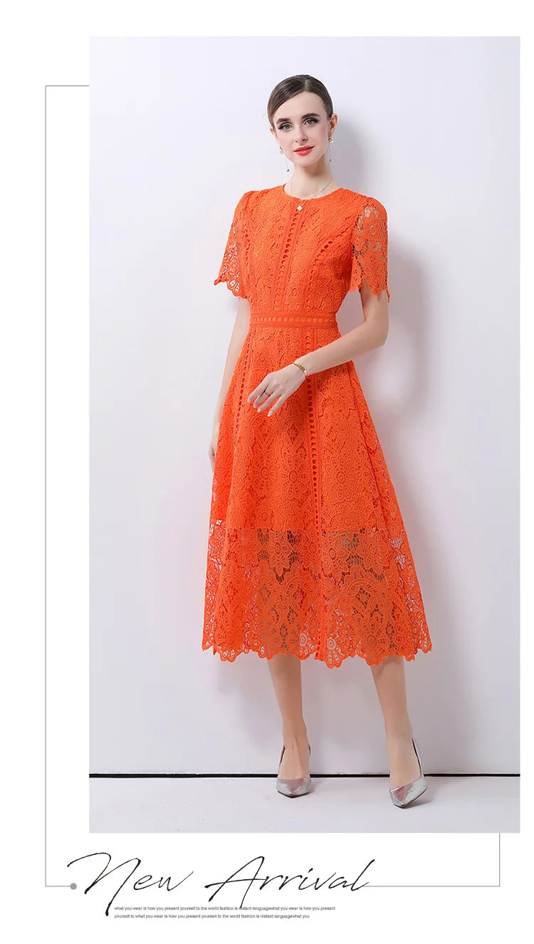 Women's Vintage High-End Lace Hollow-Out Long Dress — Slim Elegant Summer Gown