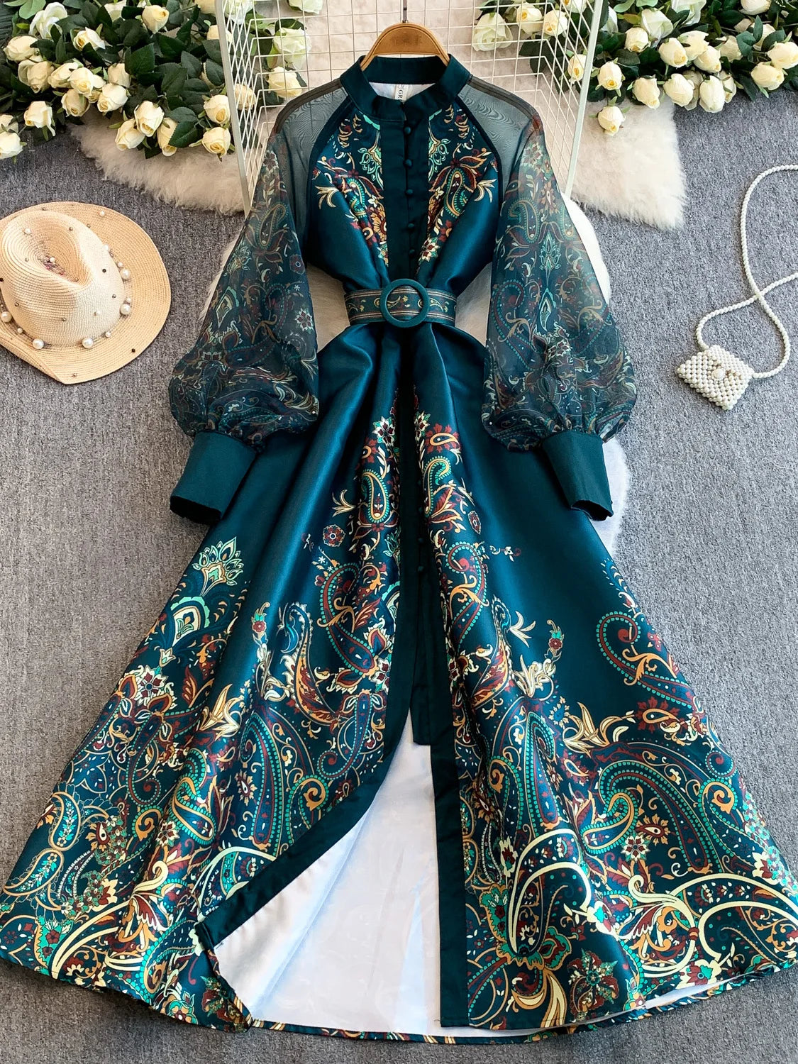 Elegant European Court Style Vintage Mesh Splice Print Lantern Sleeve Long Dress Women's Waist Cinching Slimming Maxi Gown