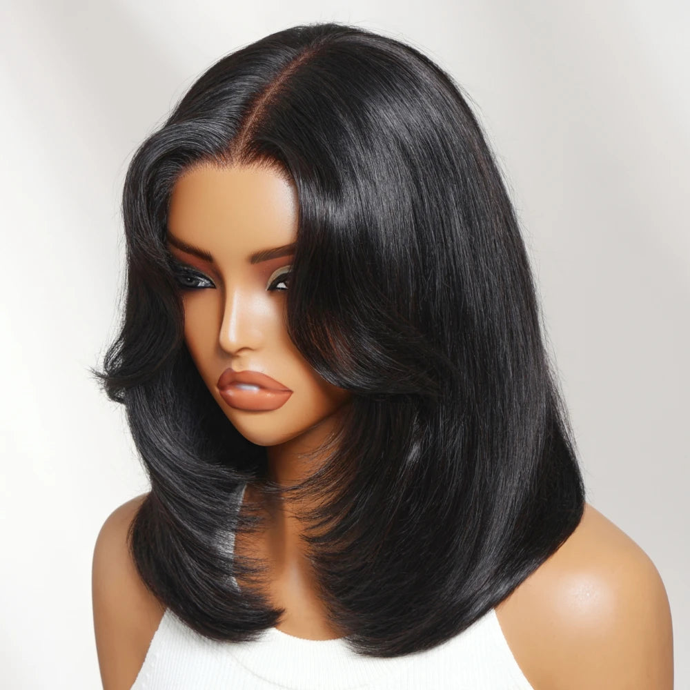 Layered Cut Straight Bob Wig with Curtain Bangs — Glueless 7x5 Lace, Human Hair