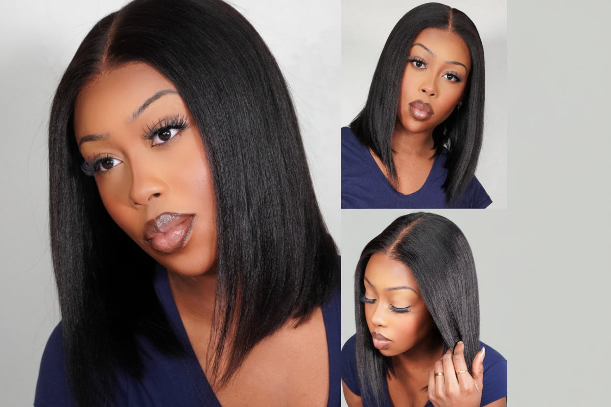 Side Part Layered Cut Light Yaki Straight 7x5 Lace Glueless Human Hair Wig Short Bob Wigs