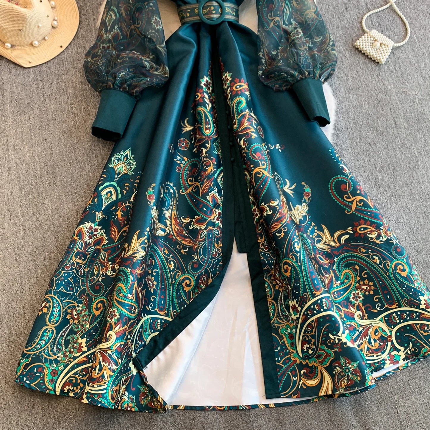 Elegant European Court Style Vintage Mesh Splice Print Lantern Sleeve Long Dress Women's Waist Cinching Slimming Maxi Gown