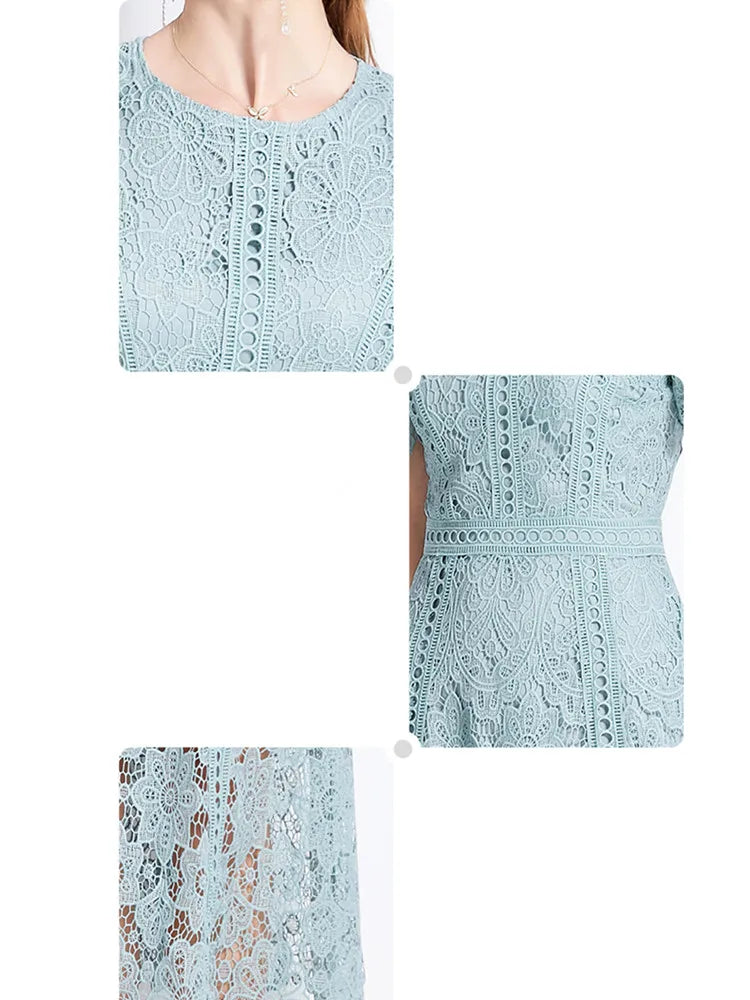 Women's Vintage High-End Lace Hollow-Out Long Dress — Slim Elegant Summer Gown