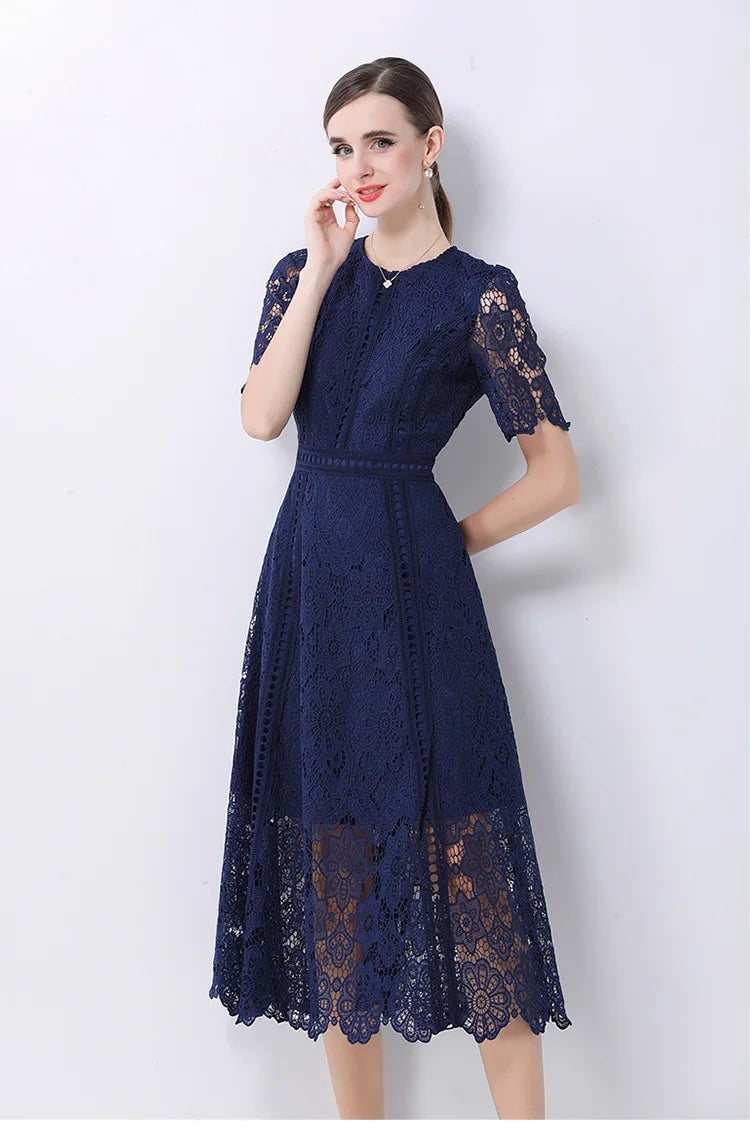 Women's Vintage High-End Lace Hollow-Out Long Dress — Slim Elegant Summer Gown