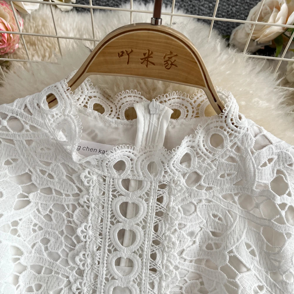 Women's French Style Hollow-Out Lace Dress — Waist-Cinched Short Sleeve A-Line
