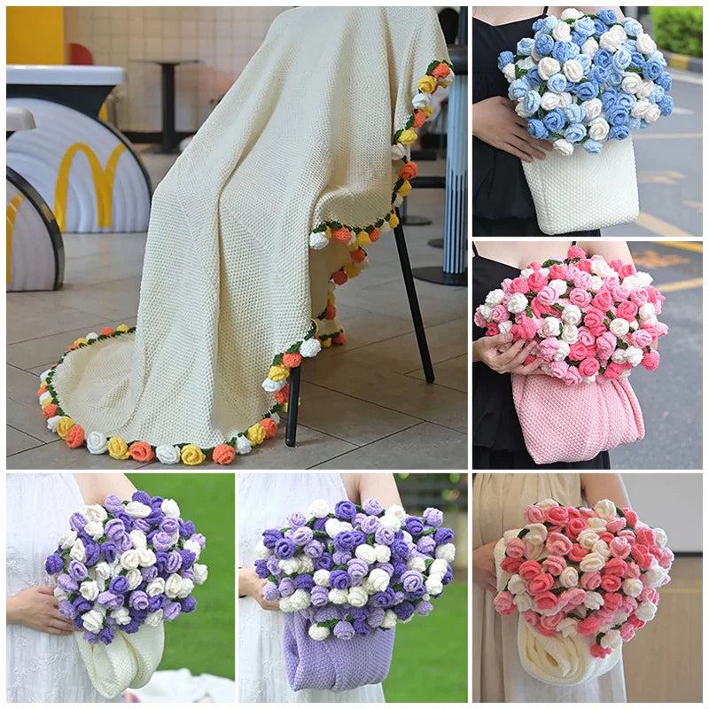 Crochet Flower Bouquet Blanket — Handmade Knit Floral Throw