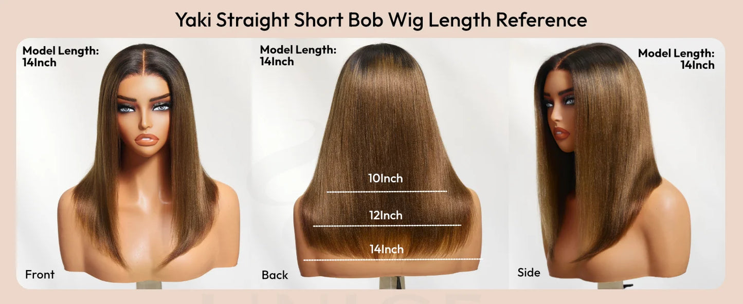 Chestnut Brown Ombre Yaki Straight Bob Wig | 7x5 & 13x4 Glueless Lace | 100% Human Hair
