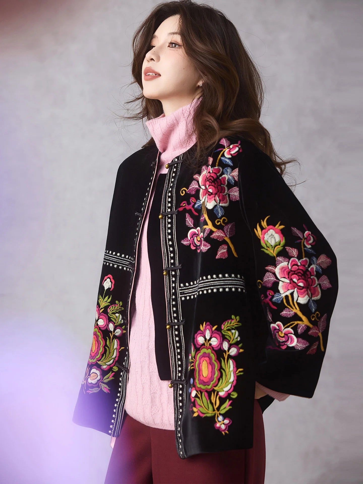 Women's Black Embroidered Velvet Jacket — Chinese Floral Style