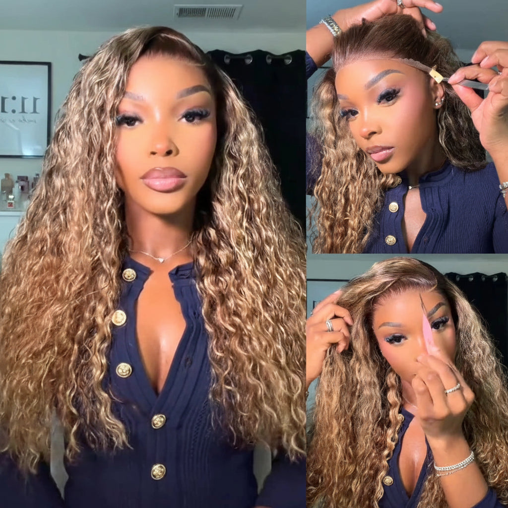 UNice No-Slip 13x4 Lace Frontal Honey Blonde Highlights Water Wave Human Hair Wig With Drawstring Pull & Go Gluele