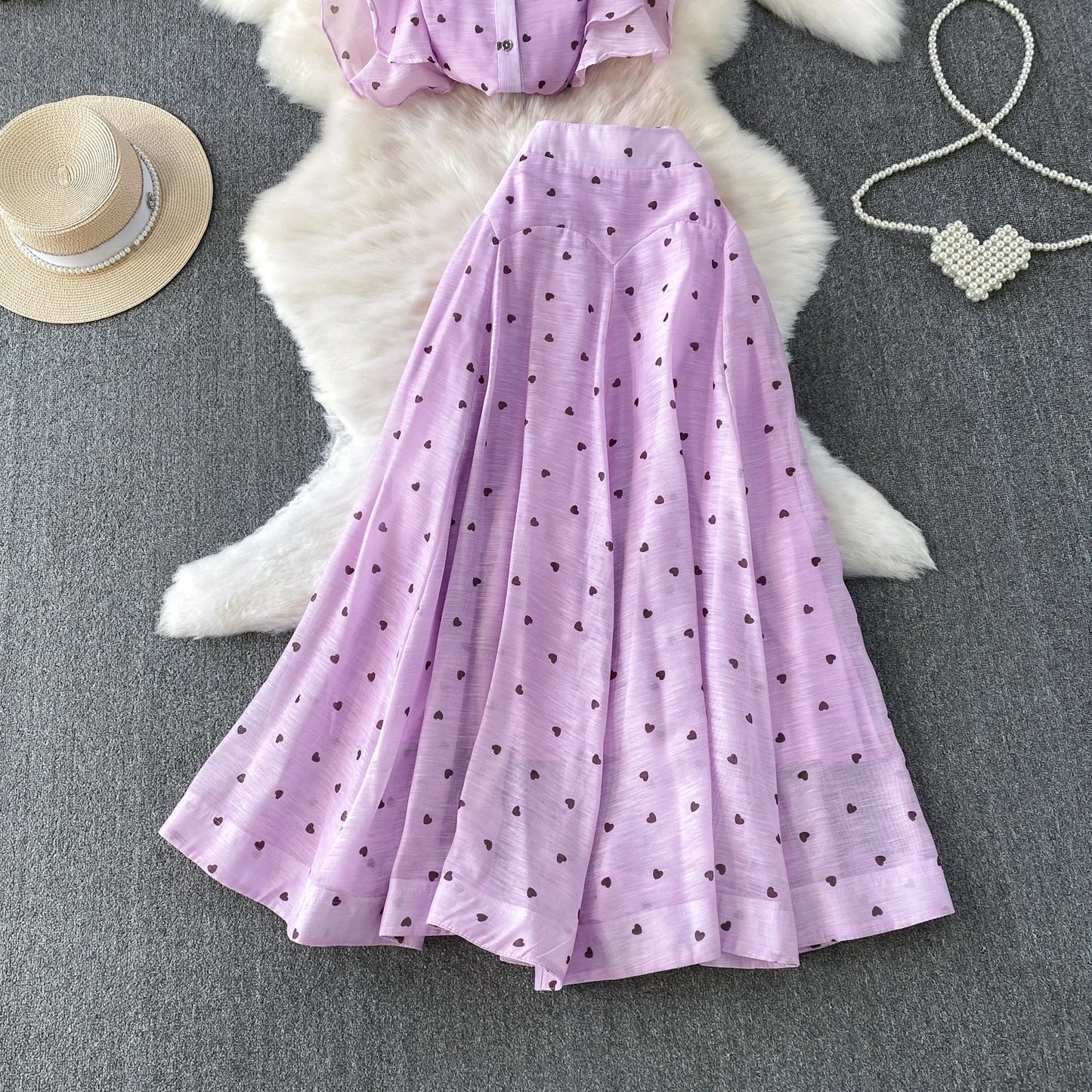 Women's French Style Sweet Chiffon Two-Piece Set — Heart Print Shirt & Flared Skirt