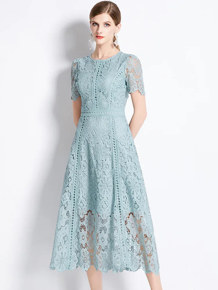 Women's Vintage High-End Lace Hollow-Out Long Dress — Slim Elegant Summer Gown