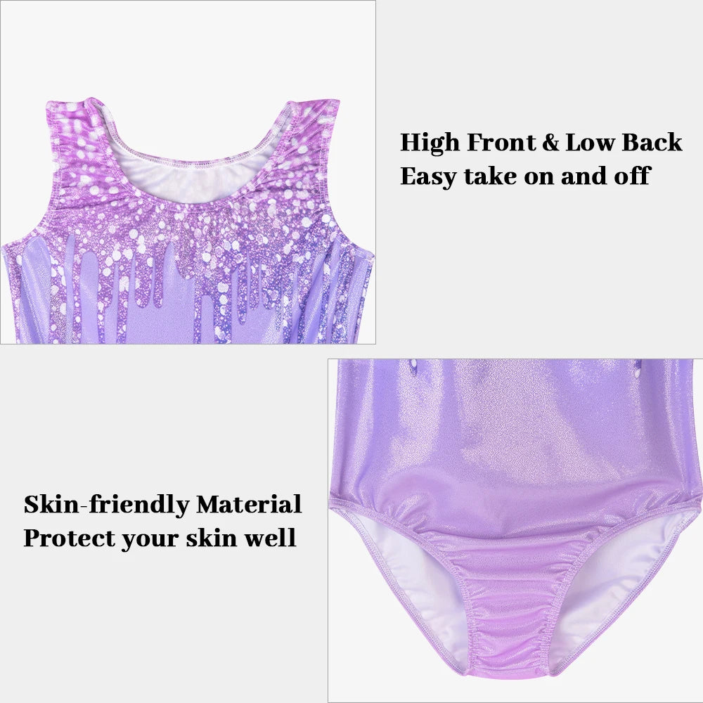 Girls Gymnastics Leotard Set – Shiny Colorful Sleeveless Tank with Shorts & Hairband