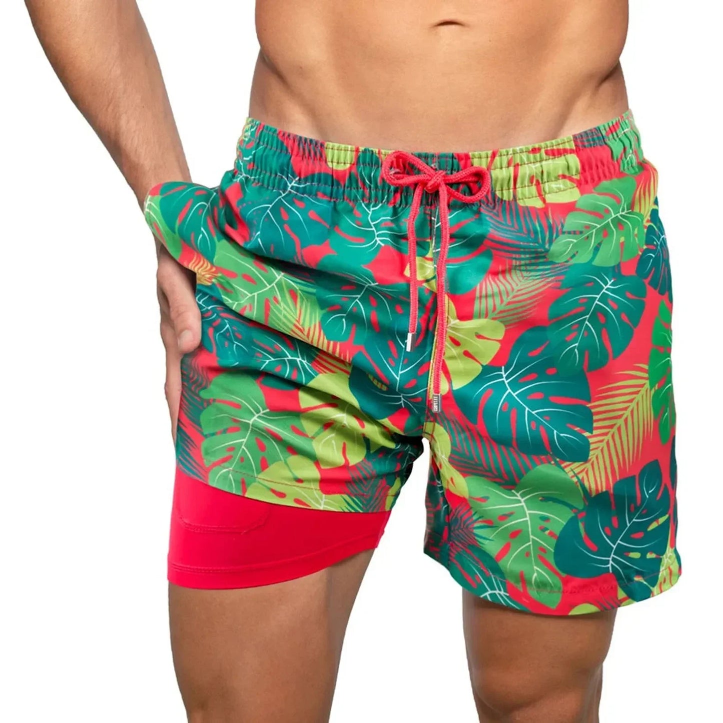 Men's Tropical Print Beach Shorts with Lining — Casual Summer Swim Trunks