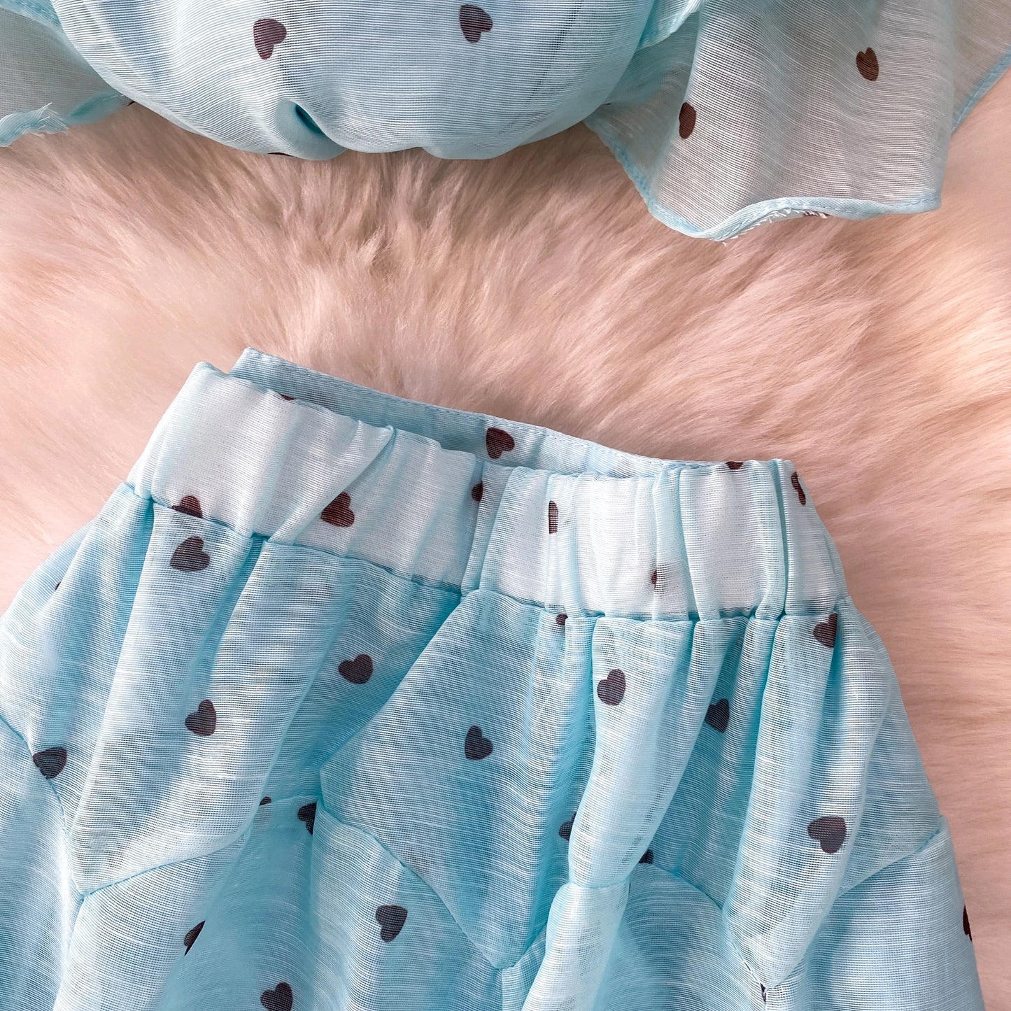 Women's French Style Sweet Chiffon Two-Piece Set — Heart Print Shirt & Flared Skirt