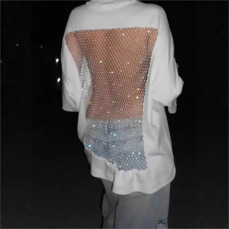 Women's Lace Bead Splicing T-Shirt – Loose O-Neck Half-Sleeve Top