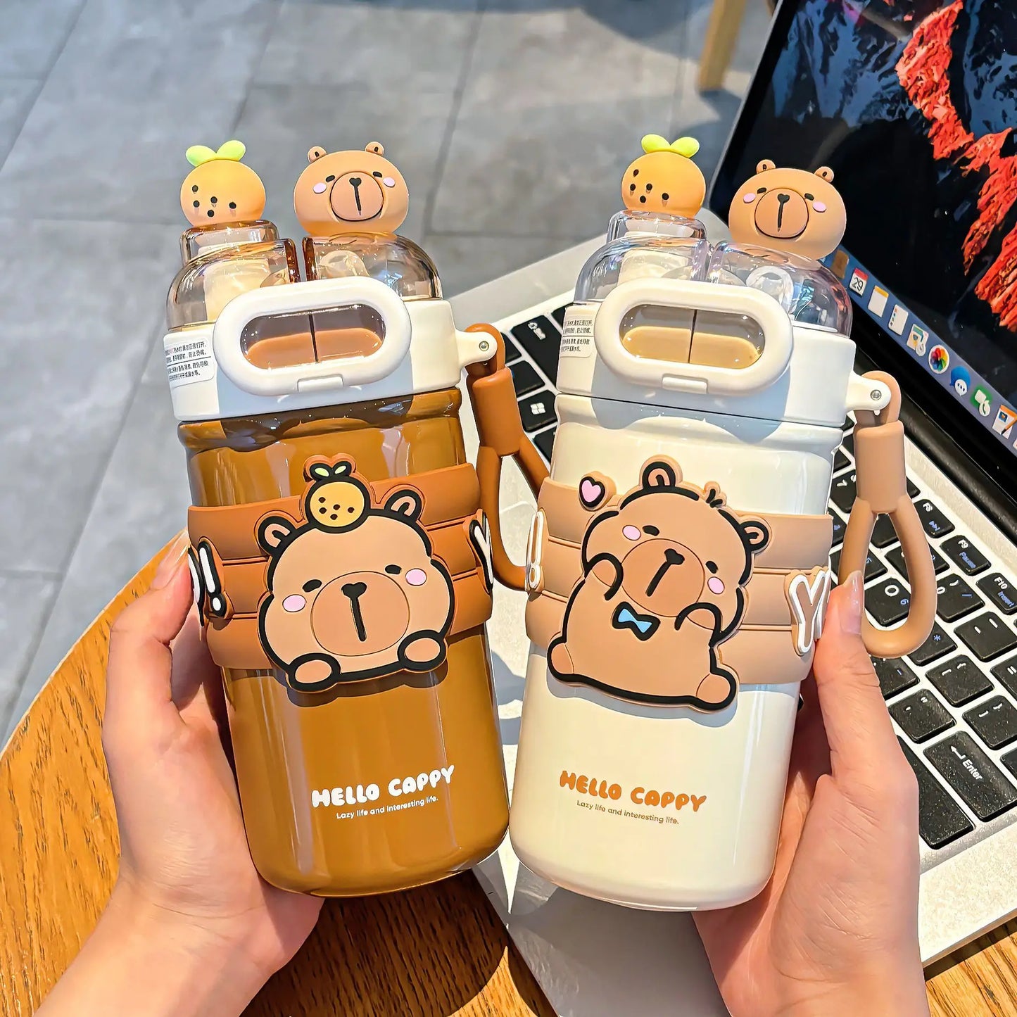 Capybara Stainless Steel Water Bottle — 520ml Vacuum Insulated with Straw