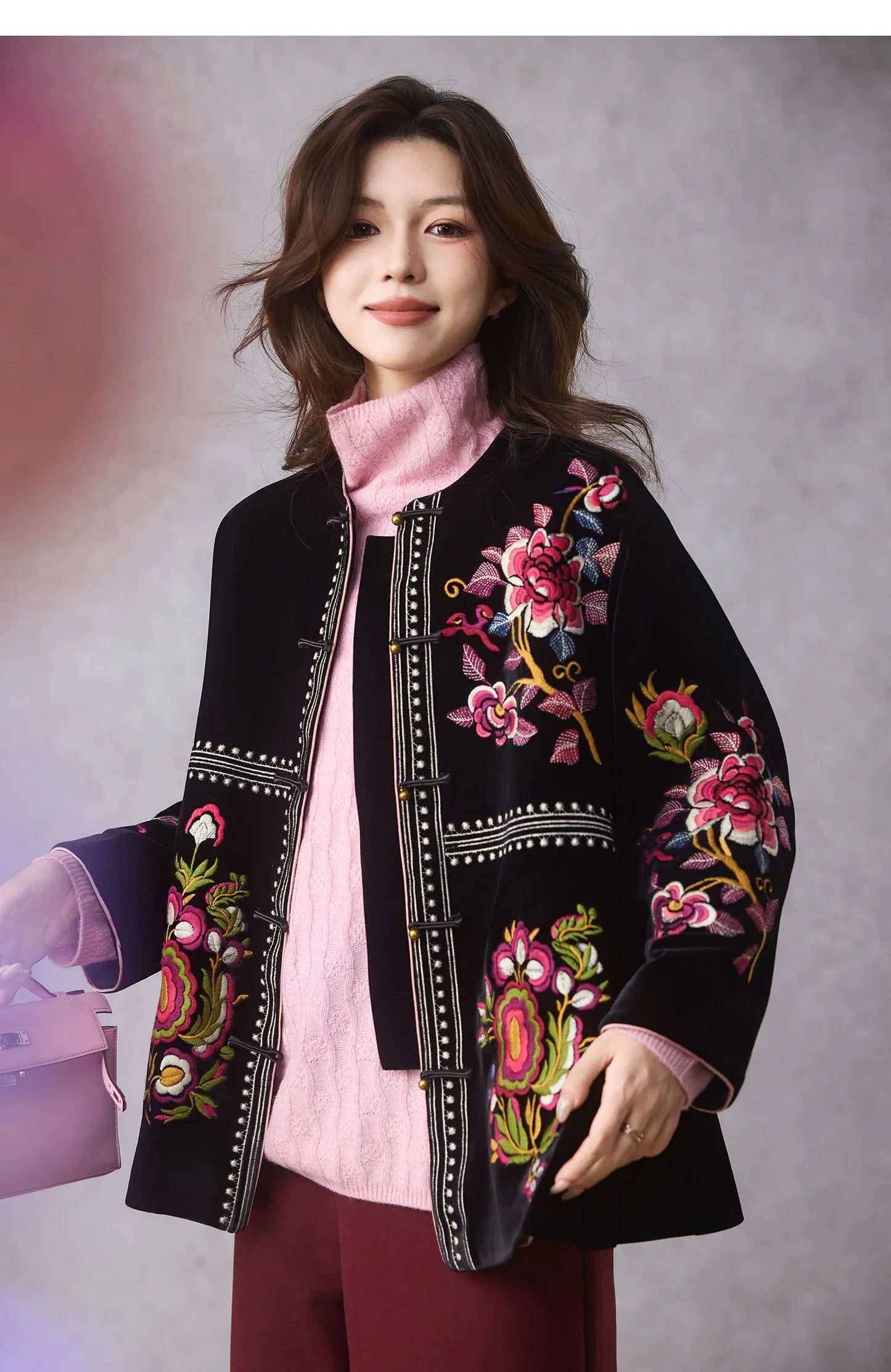 Women's Black Embroidered Velvet Jacket — Chinese Floral Style