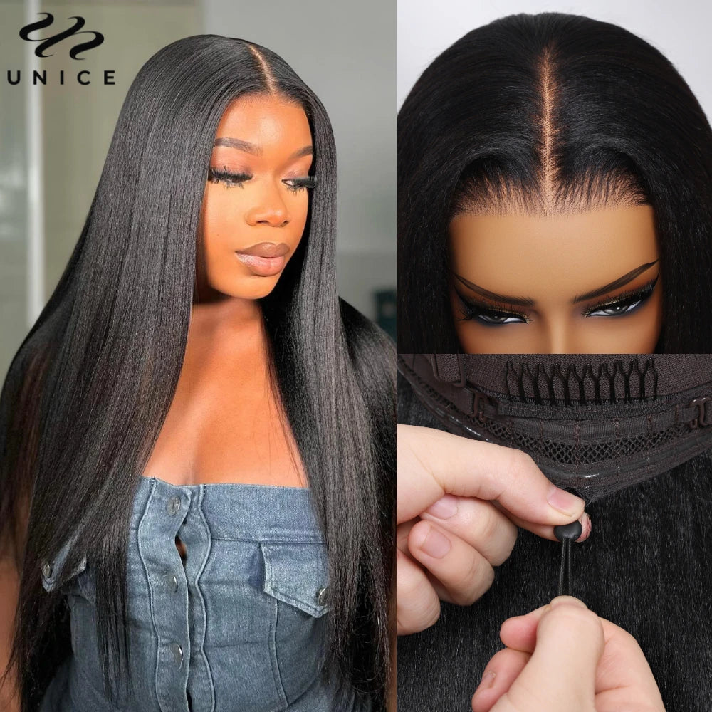 No-Slip 7x5 Lace Yaki Straight Wig With Drawstring 100% Human Hair Glueless Wigs Pre Cut Pre Bleached Wig for Beginners