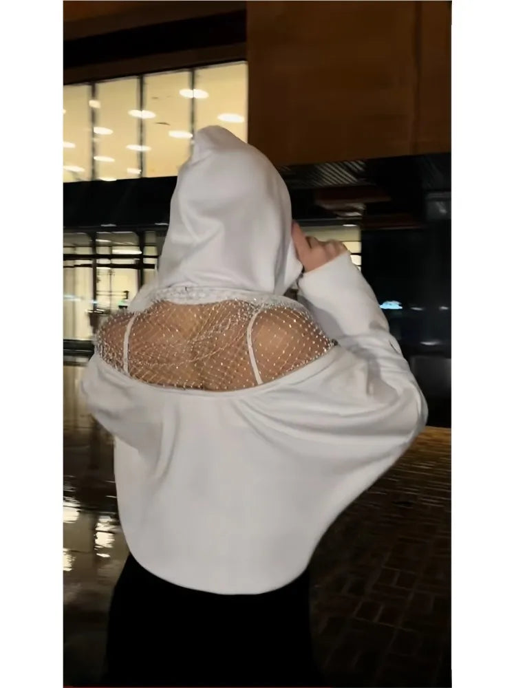 Sexy Perspective Backless Hoodie Woman's Spring Autumn Fashion Lace Patchwork Solid Color Loose Pullover Sweatshirt For Ladies
