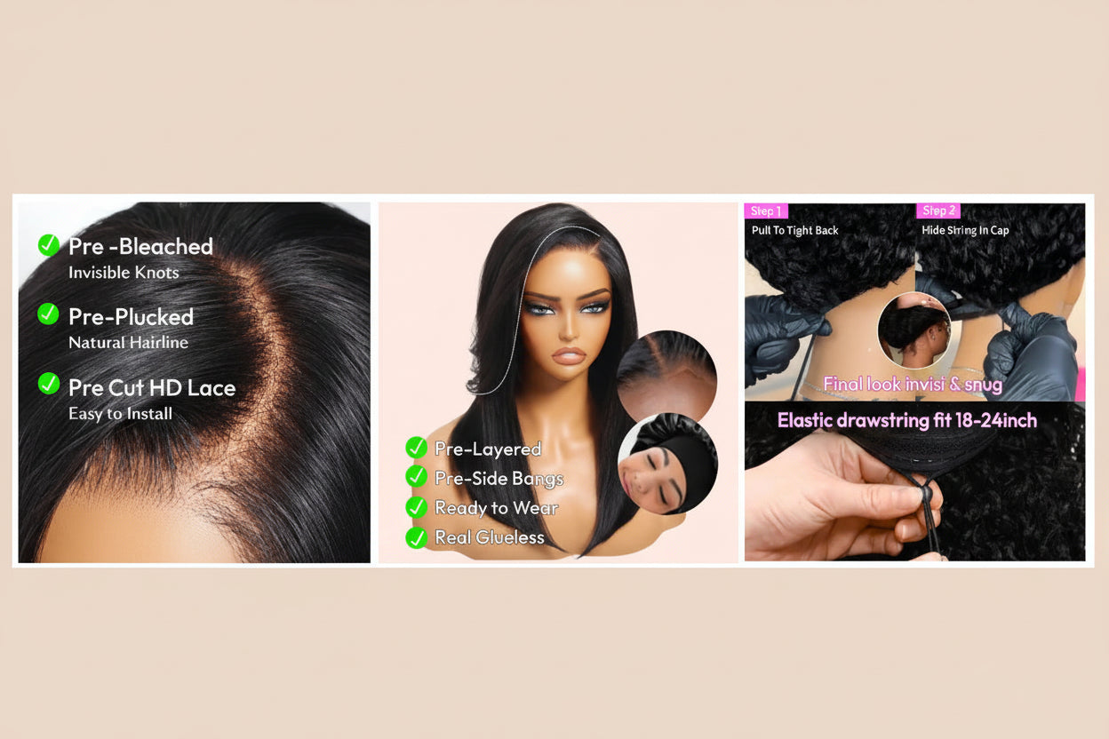 7x5 Lace Drawstring Cap Yaki Straight Wig With Side Bangs Pre Cut Pre Bleached Glueless Wig Human Hair 150% Density