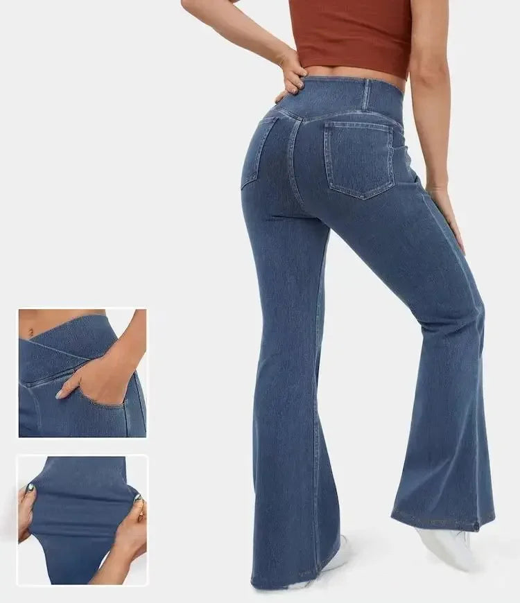 Women's High Waist Super Flare Jeans — Stretchy Knit Casual Pants