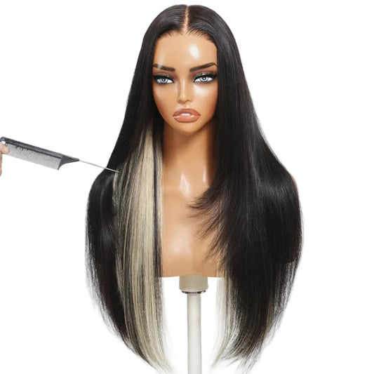 Black With Blonde Underlayer Layered Cut Straight Human Hair Wig | 7x5 Glueless Lace Wig 150% Density